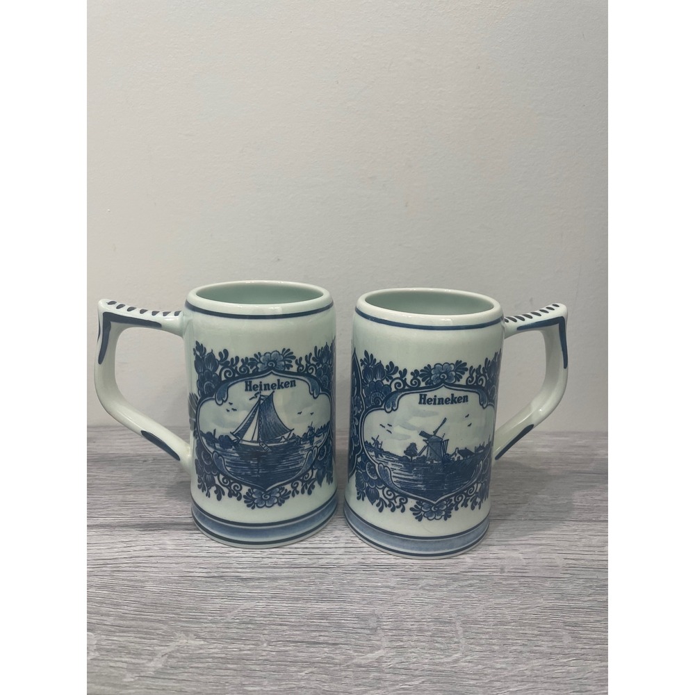 Heineken Delft Blue Beer Steins Set of 2‎ Handpainted in Holland Windmill Ship